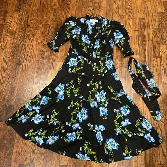 Diane Von Furstenberg | Deacon Floral Puff Sleeve Cotton Midi Dress Floral Black - Picture 12 of 15